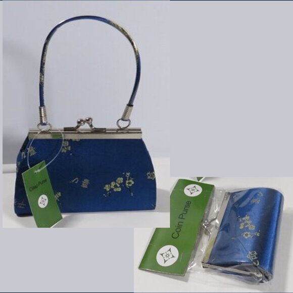 Asian Silk Cobalt Blue Floral Kiss Lock Clutch Bag Purse & Coin Bag Kiss Lock - Picture 1 of 14